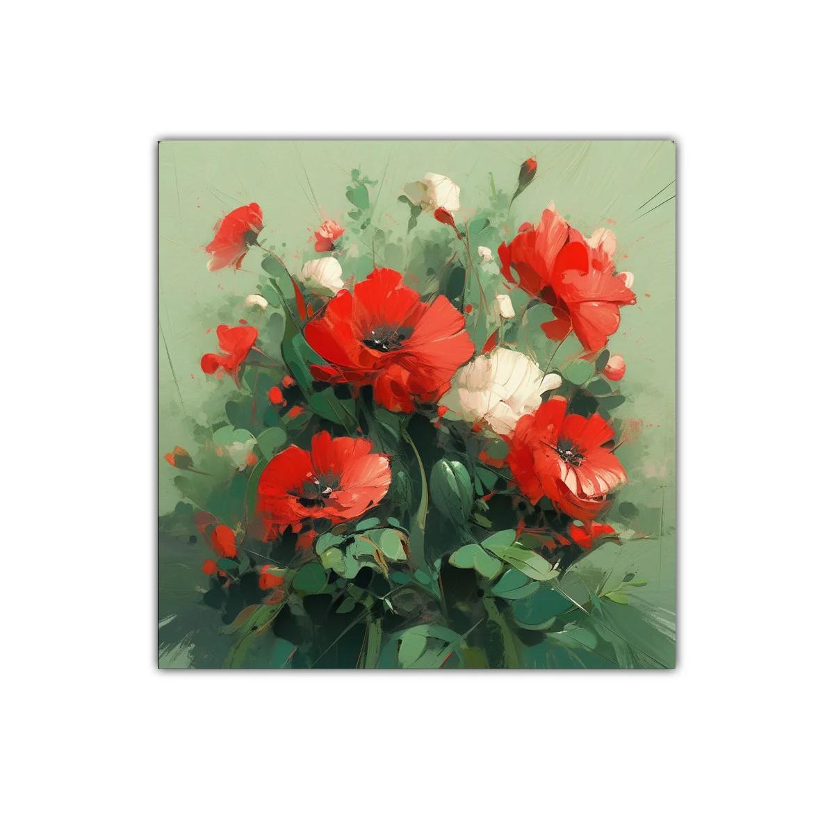 Ramo vibrante de amapolas rojas y blancas sobre fondo verde