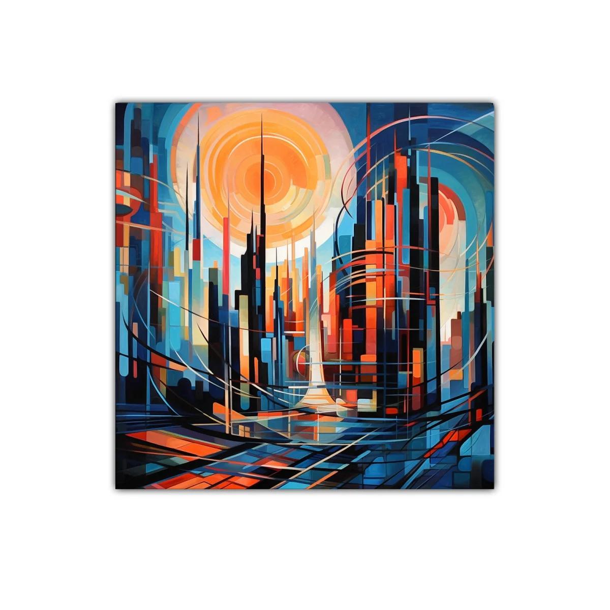 Ciudad futurista con tonos vibrantes y formas geométricas — imagen principal