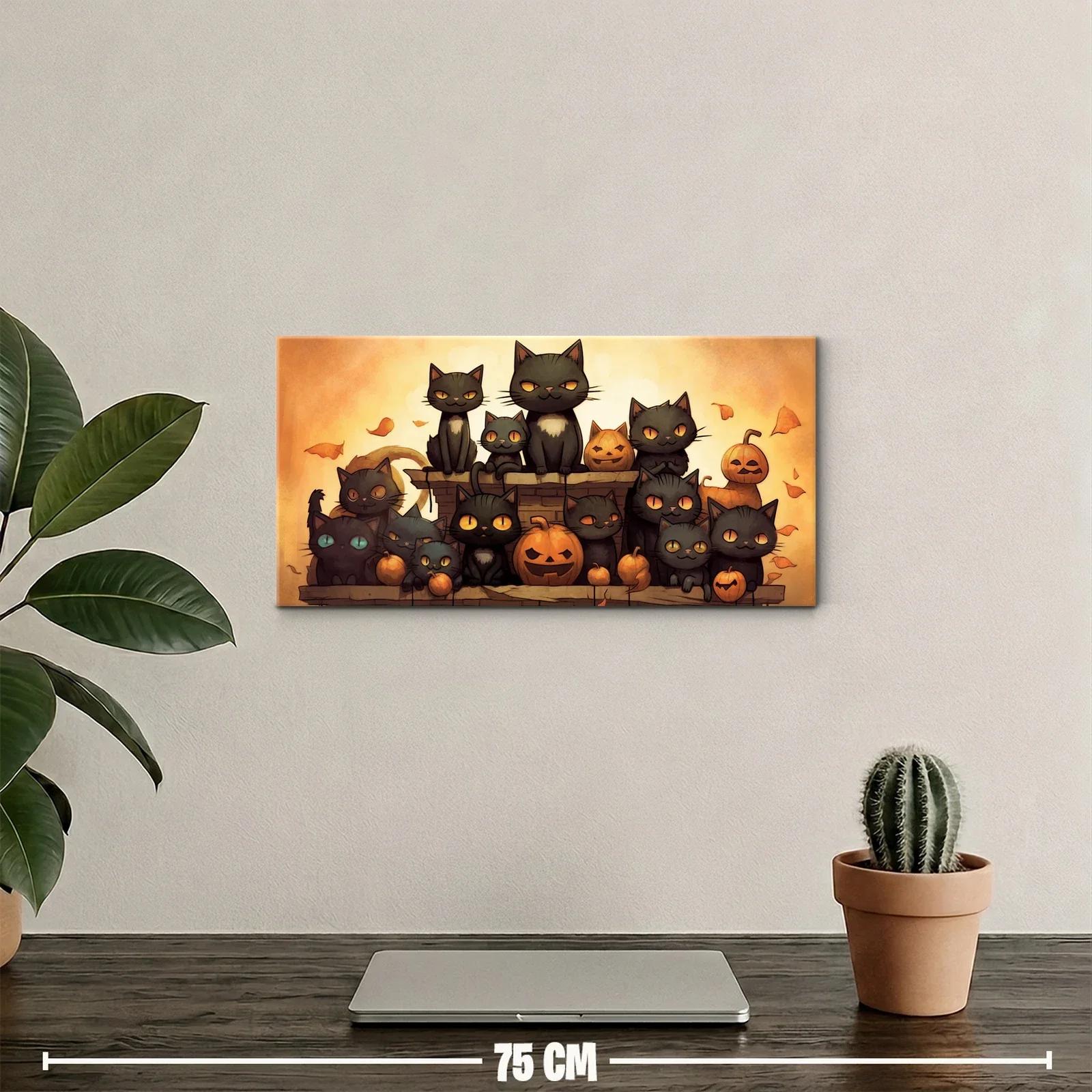 Cuadro grupo de gatos negros con calabazas de Halloween — miniatura 2