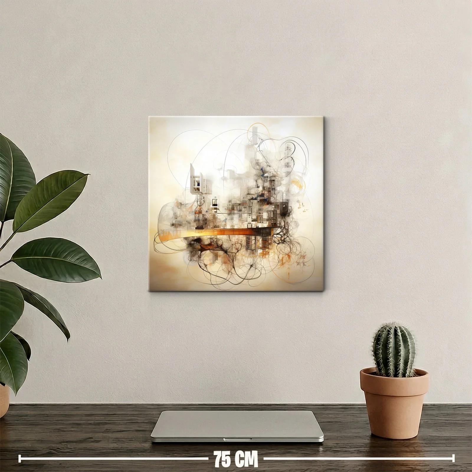 Cuadro abstracto con tonos cálidos y detalles arquitectónicos — miniatura 2