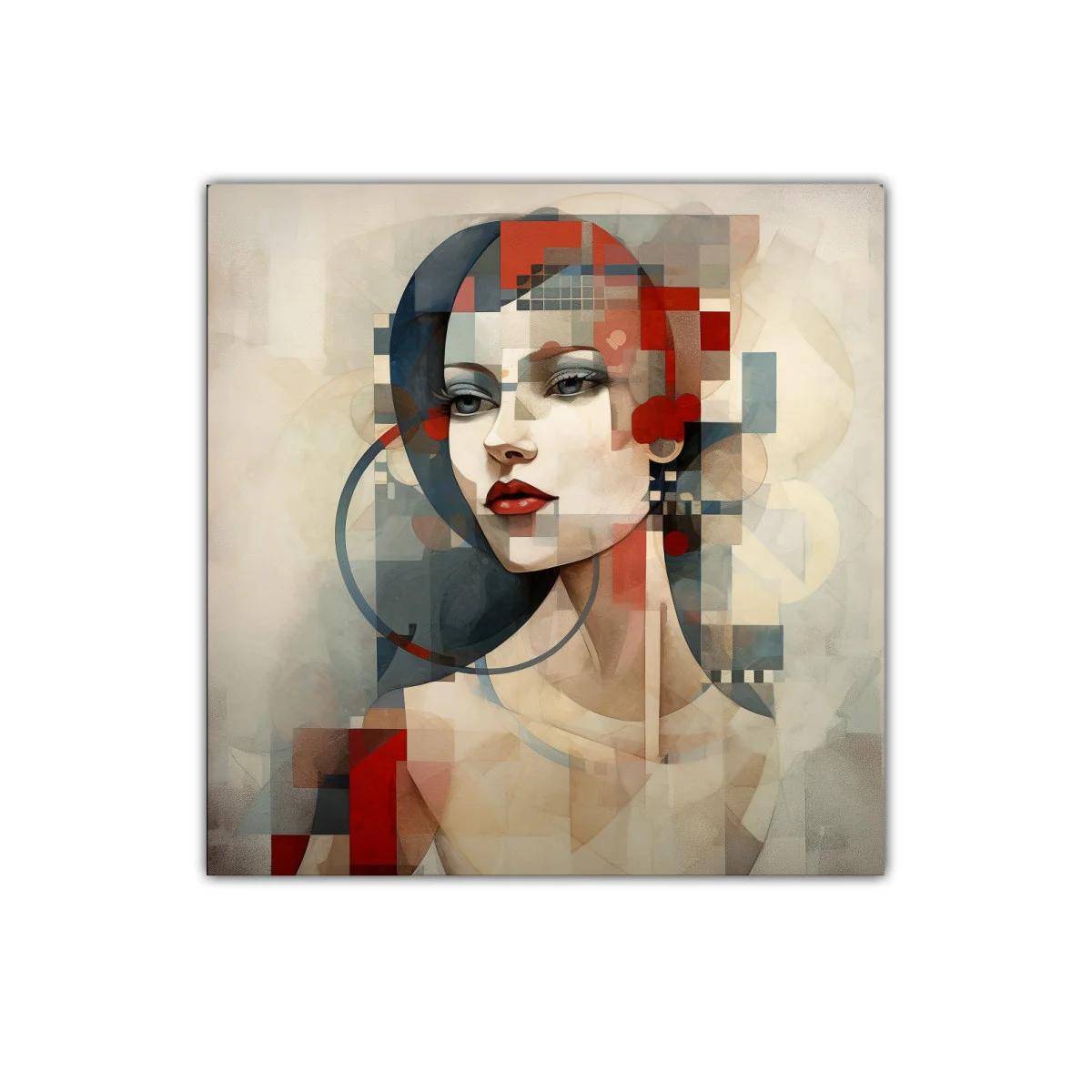 Retrato femenino con formas geométricas en tonos cálidos — imagen principal