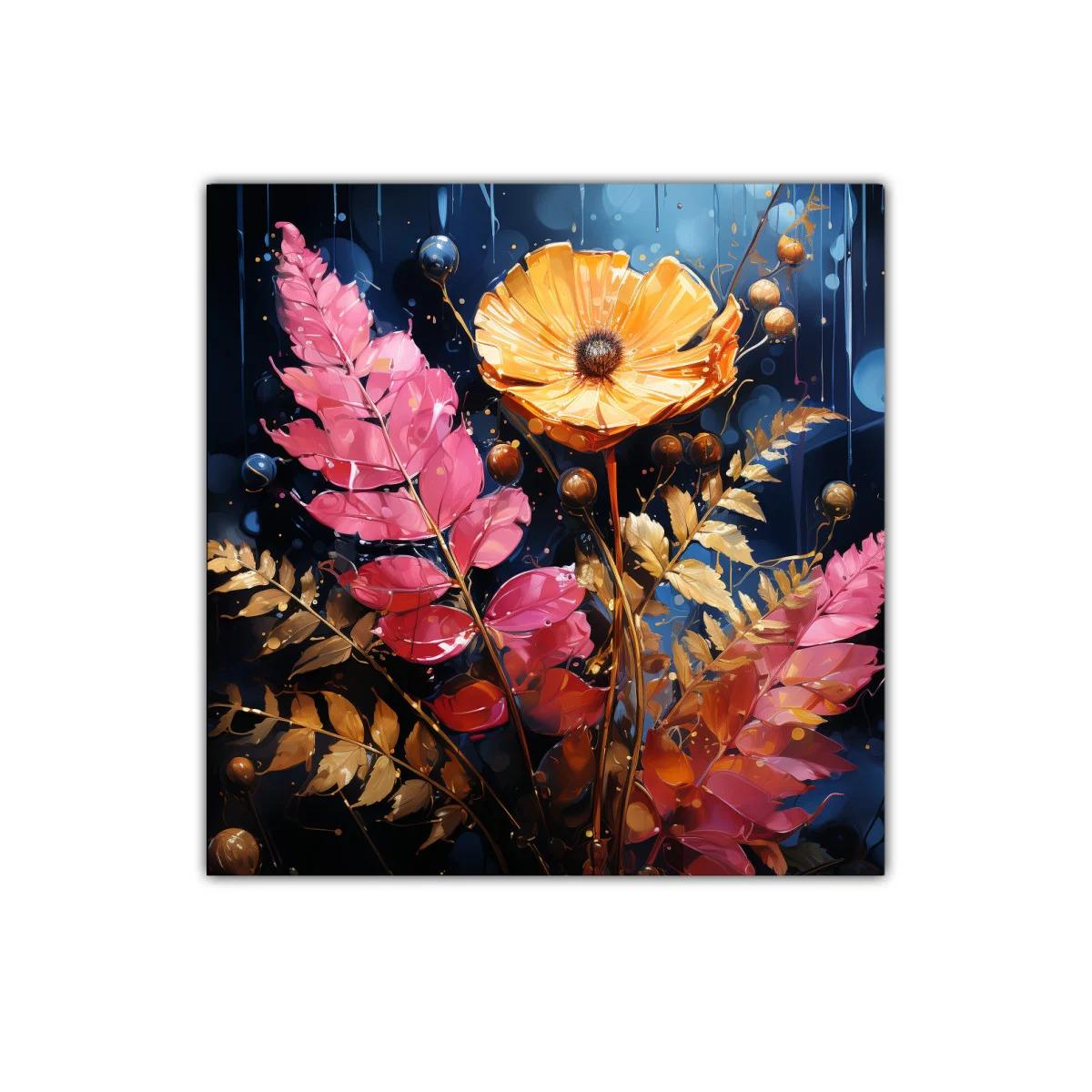 Cuadro decorativo con flores en tonos cálidos y fondo oscuro
