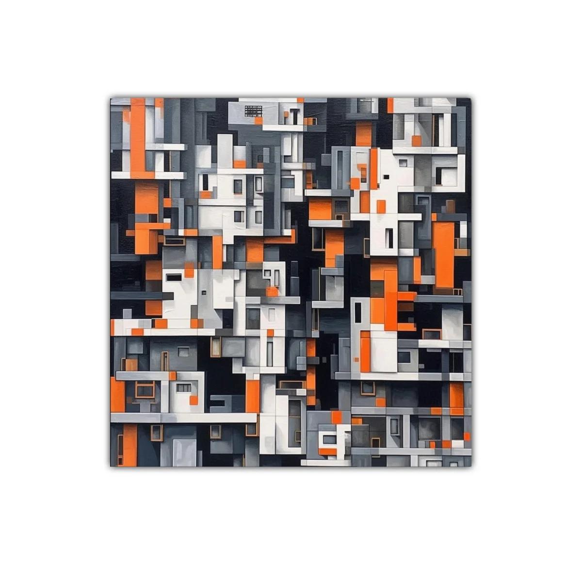 Cuadro abstracto con diseño geométrico en tonos naranja y gris