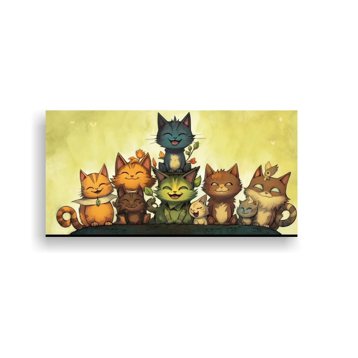 Cuadro grupo de gatos caricaturescos con collares vegetales