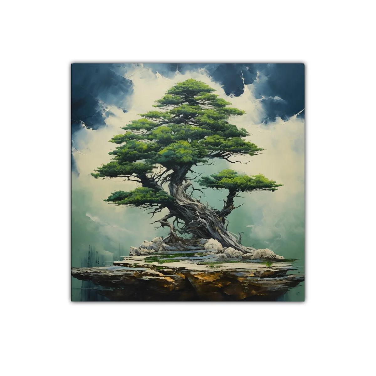 Árbol majestuoso sobre piedra con tonos verdes y azules — imagen principal