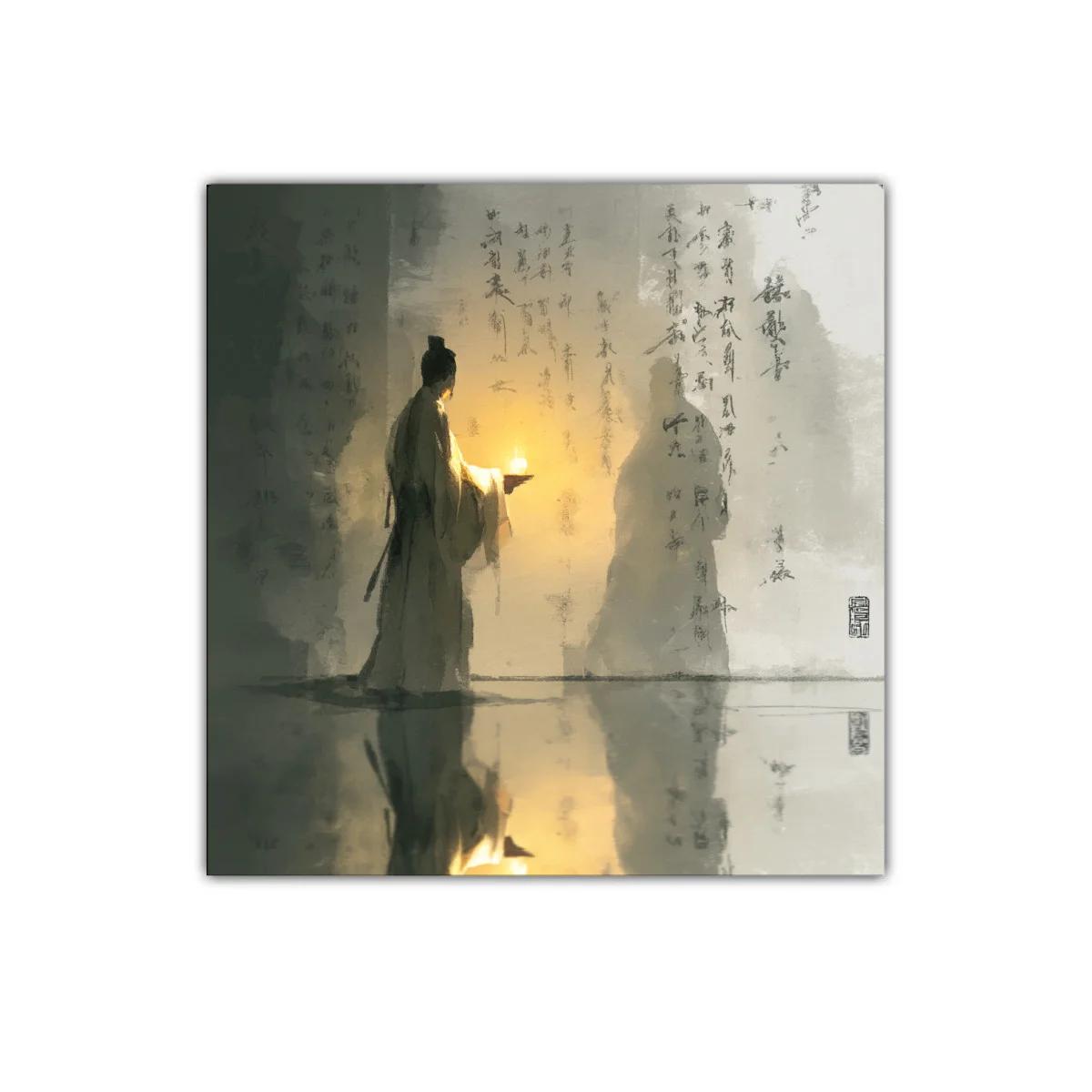 Figura solitaria con luz y caligrafía oriental evocadora