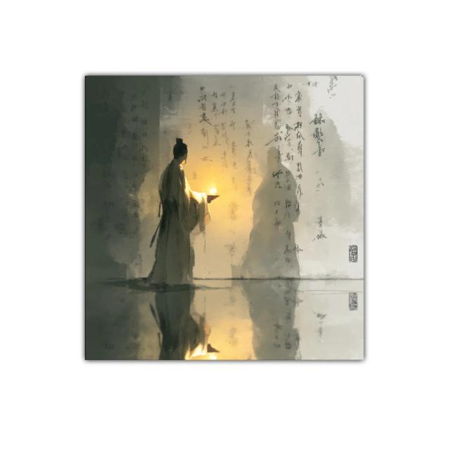 Figura solitaria con luz y caligrafía oriental evocadora