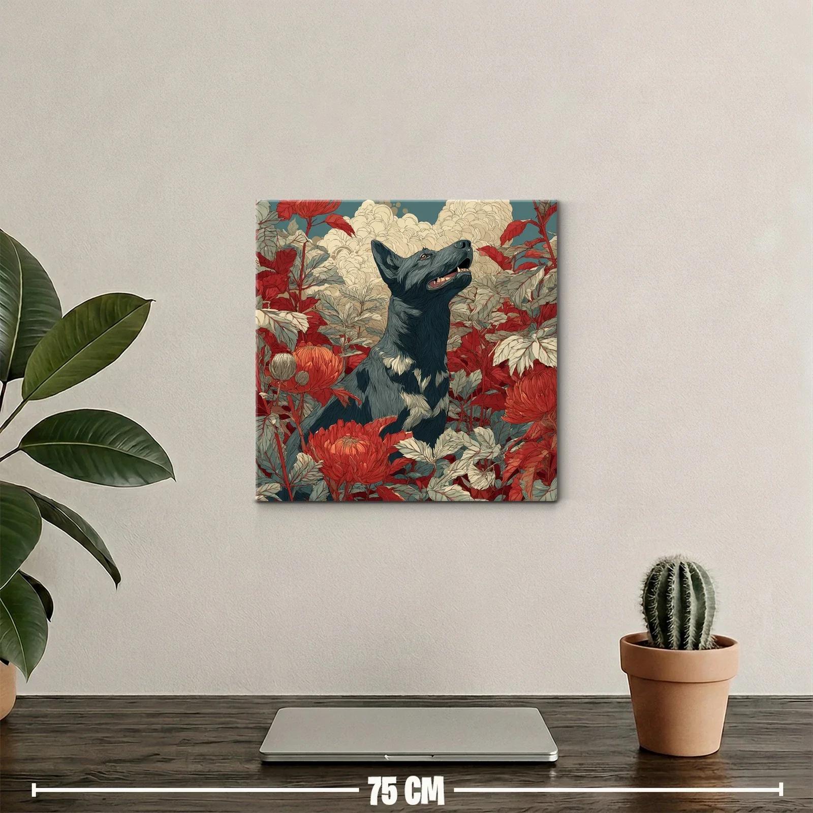 Perro entre flores rojas y follaje delicado — miniatura 2
