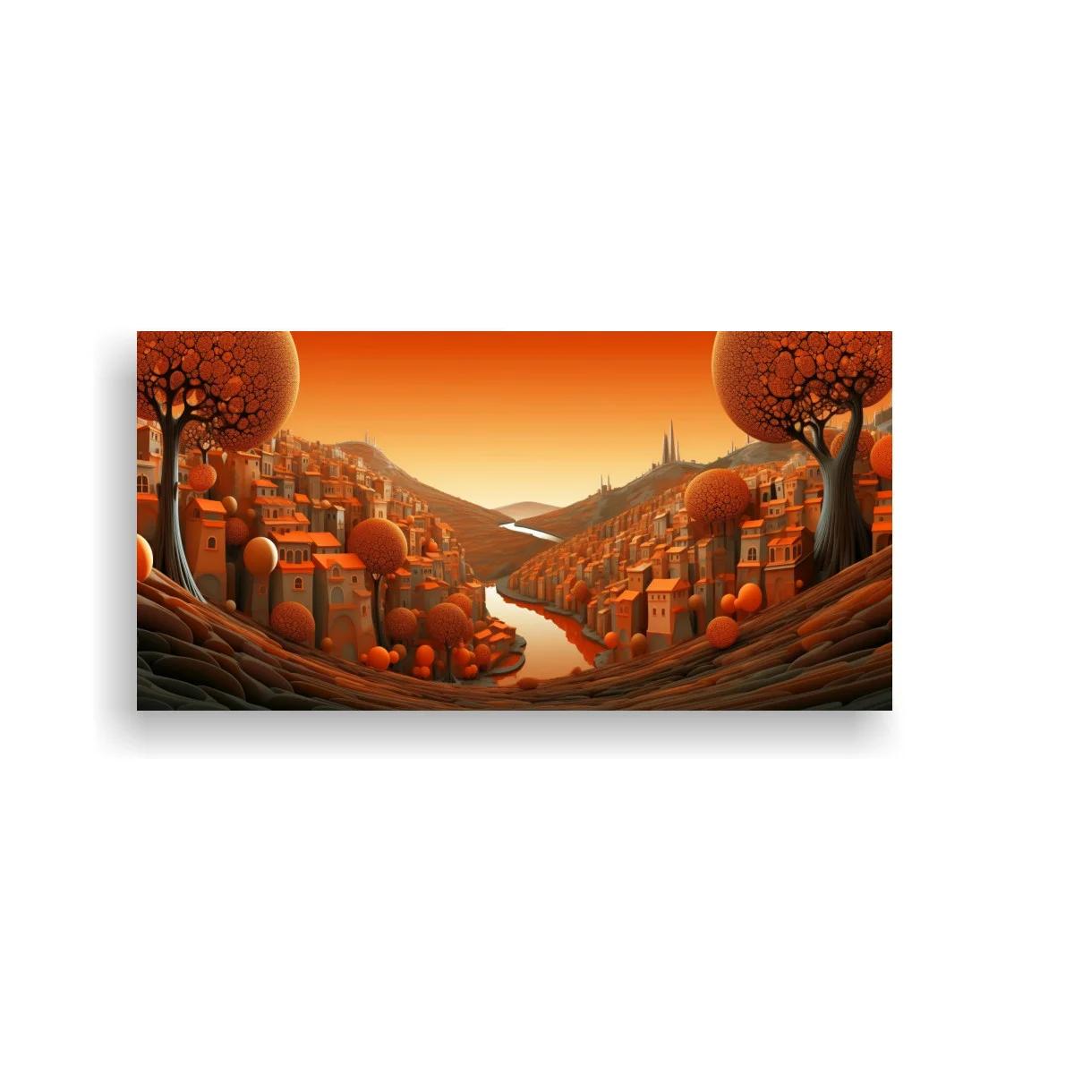 Cuadro paisaje de pueblo entre colinas otoñales con torres lejanas — imagen principal