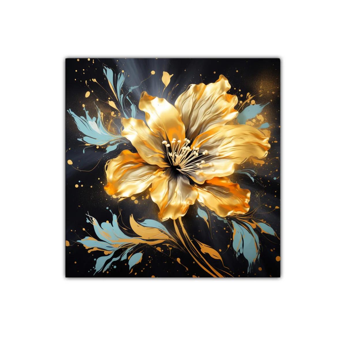 Flor dorada brillante con detalles en azul suave