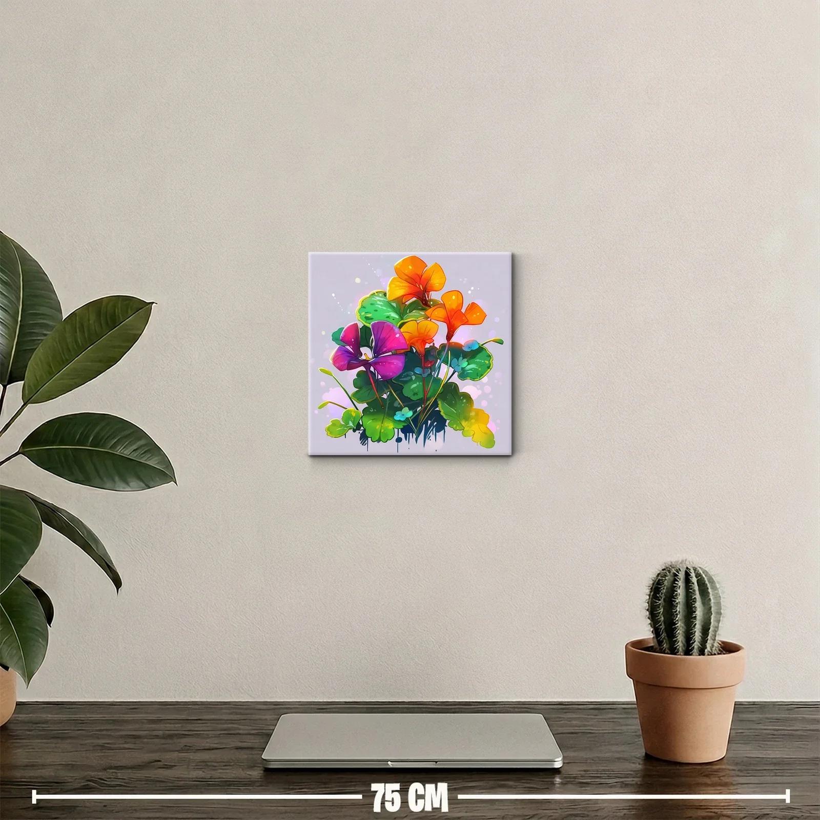 Cuadro floral vibrante con tonos naranjas y púrpuras — miniatura 2