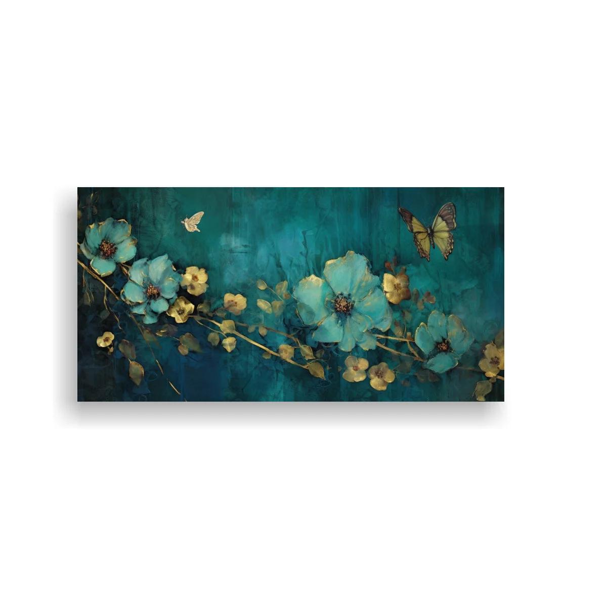 Cuadro flores azules con mariposas y ramas florales