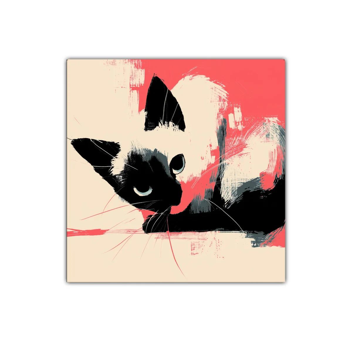 Cuadro decorativo de gato con contraste dramático en tonos coral — imagen principal