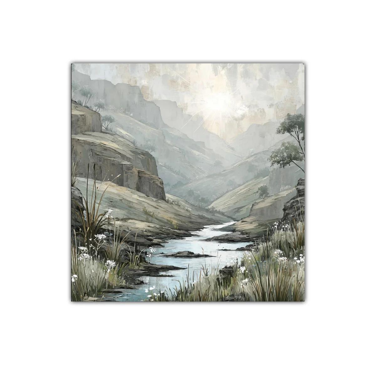 Paisaje sereno con río y montañas en tonos suaves — imagen principal