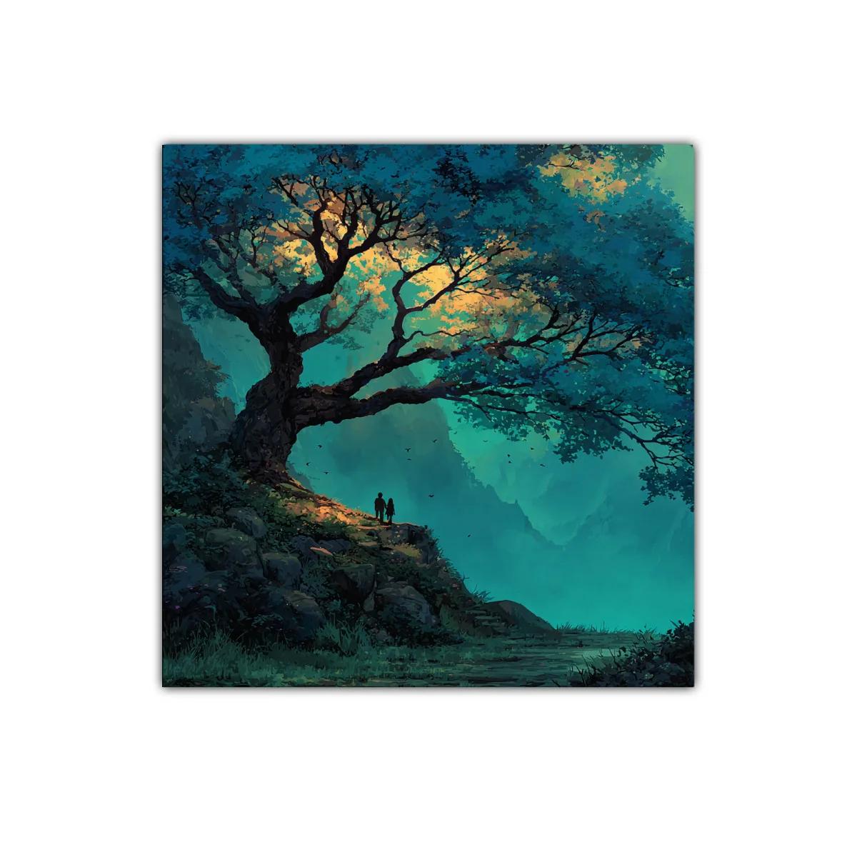 Paisaje encantado con árbol y pareja al atardecer — imagen principal