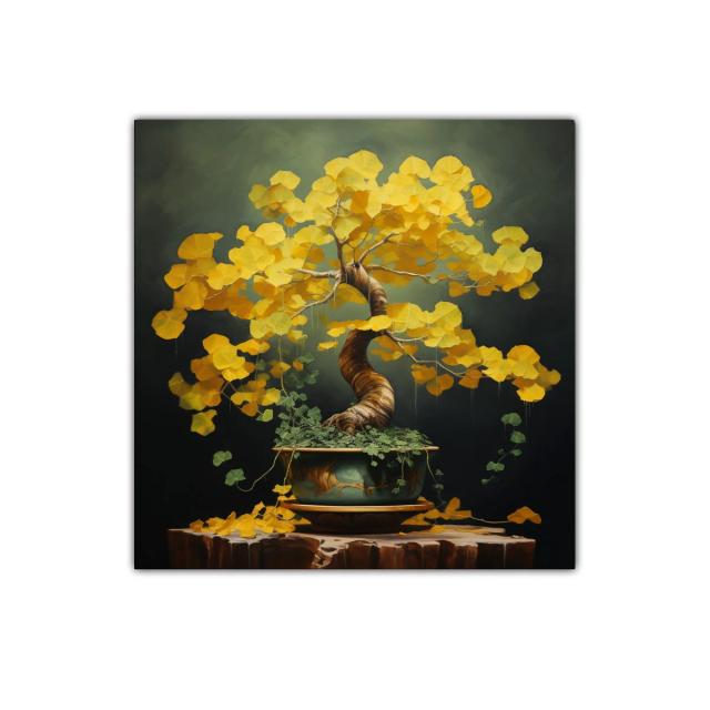 Bonsái con hojas doradas sobre fondo etéreo oscuro