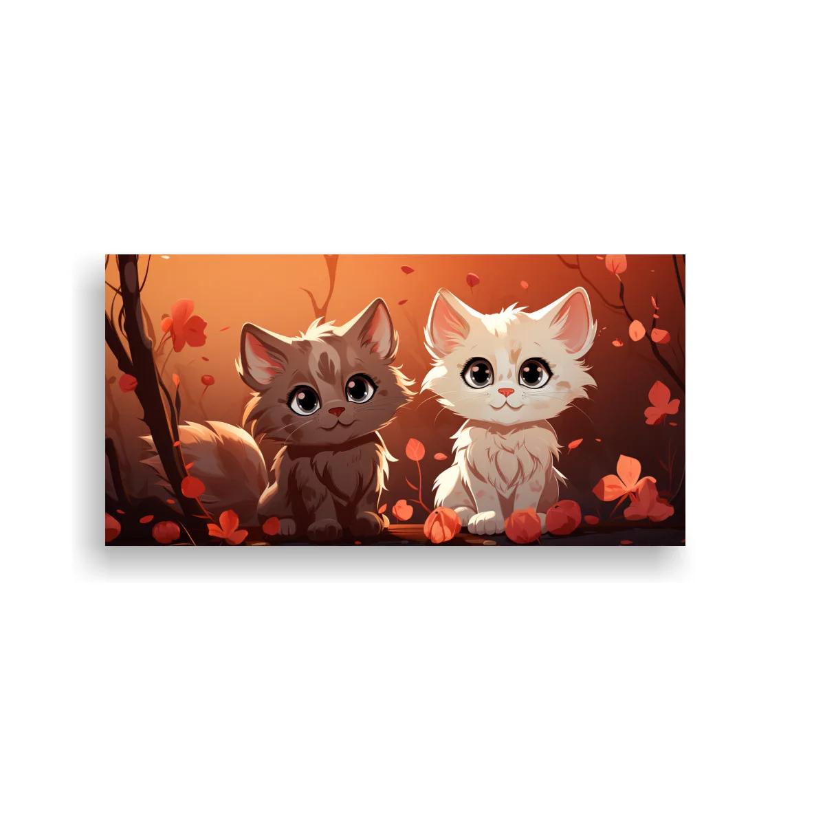 Cuadro dos gatitos entre flores rojas y ramas cálidas