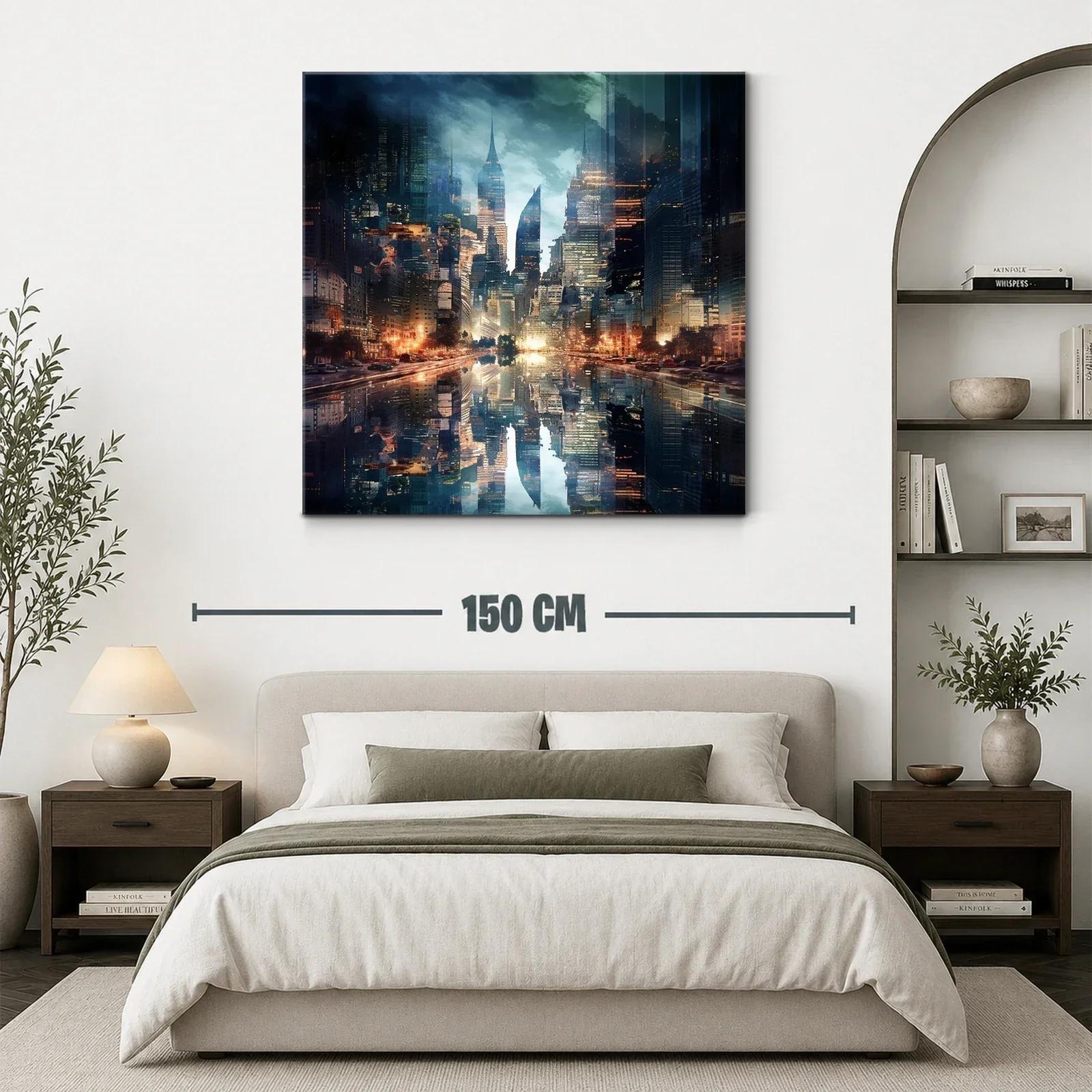 Ciudad futurista reflejada en agua con luces doradas y azules — miniatura 3