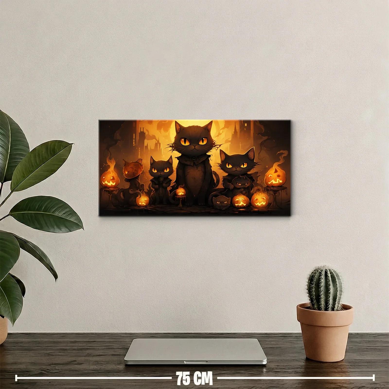 Cuadro gatos negros con calabazas iluminadas — miniatura 2