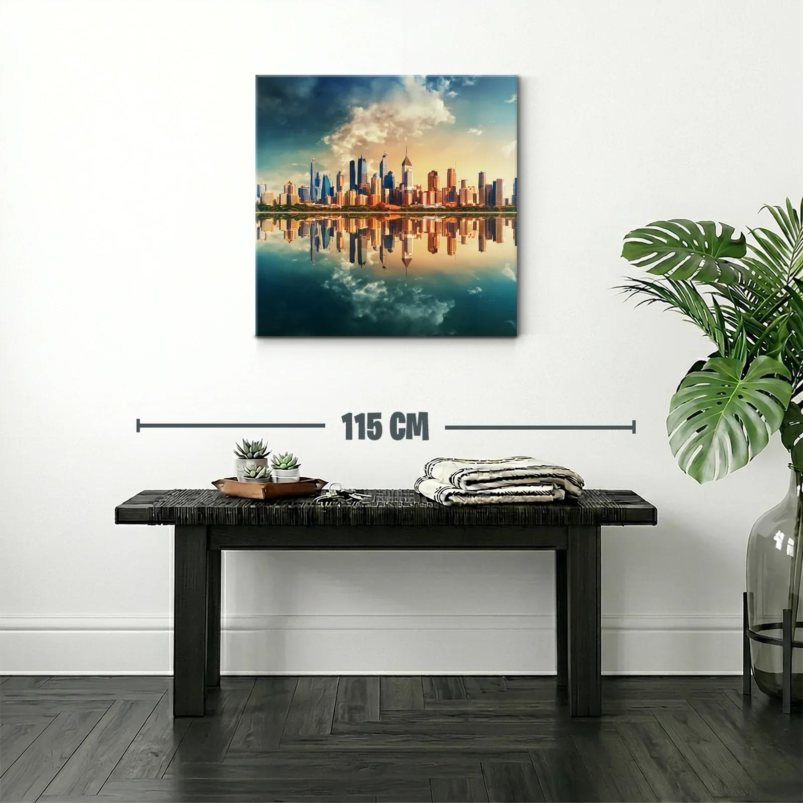 Horizonte urbano reflejado en laguna al atardecer — miniatura 2