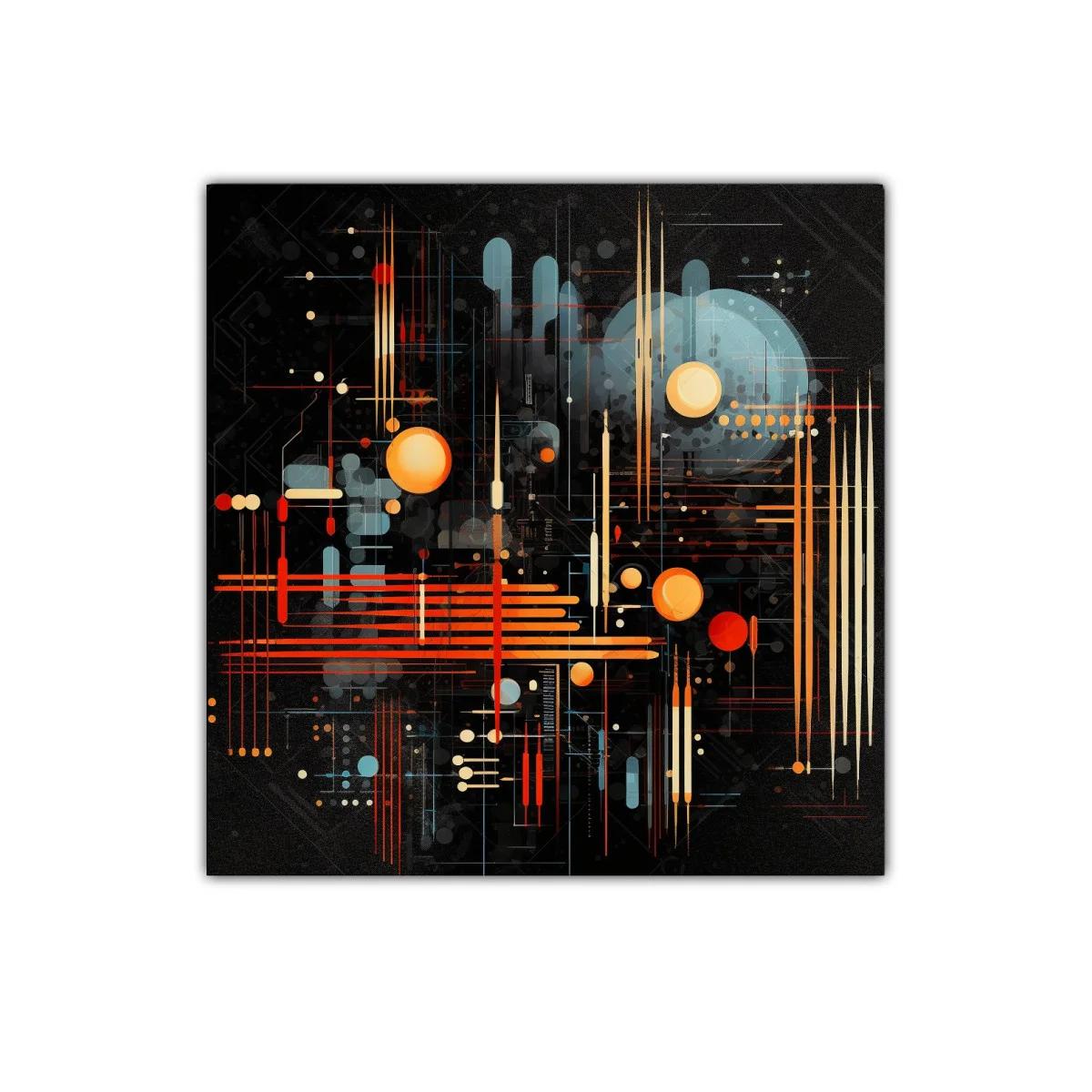 Composición abstracta en líneas y círculos cálidos sobre fondo oscuro — imagen principal