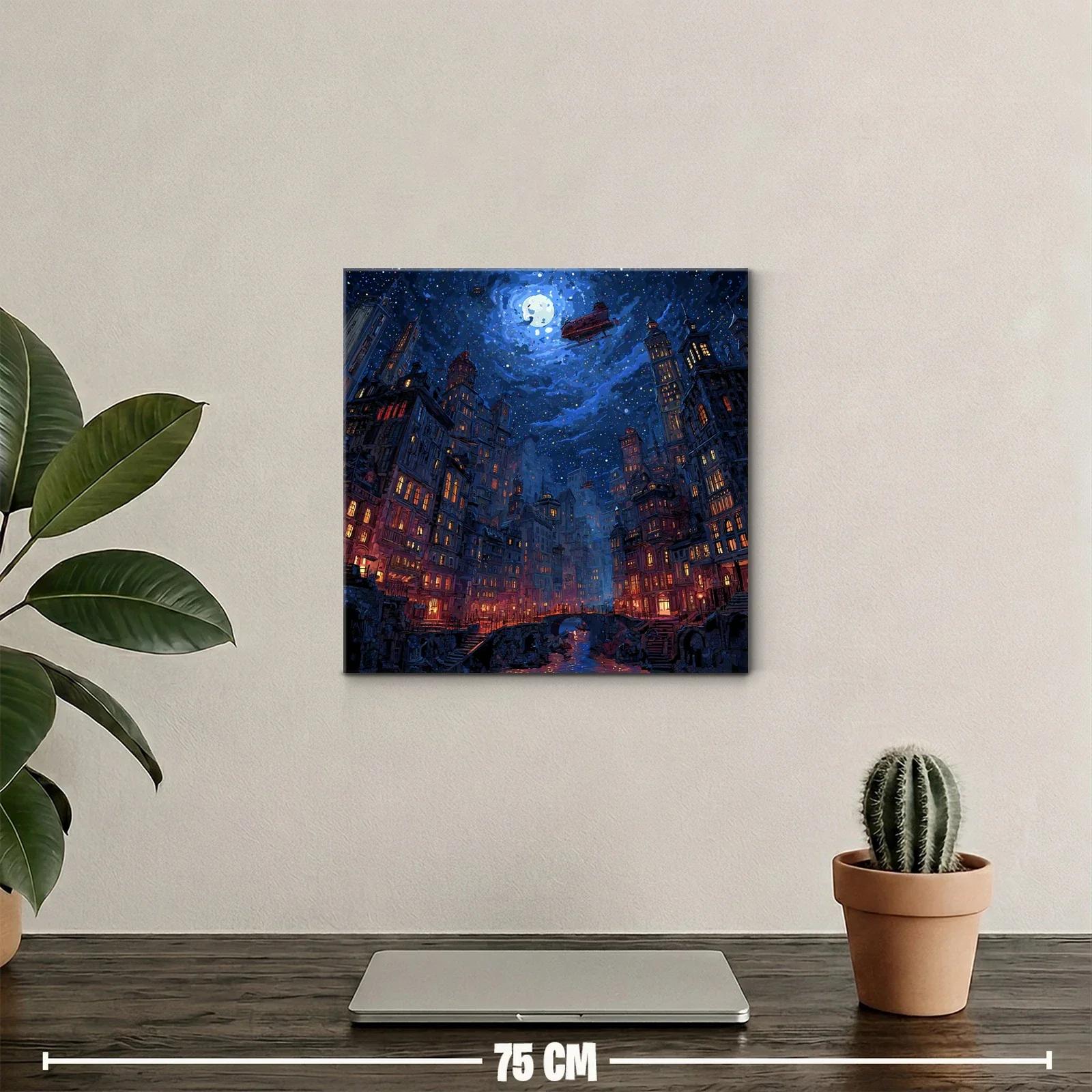 Ciudad nocturna bajo un cielo estrellado y luna llena — miniatura 2