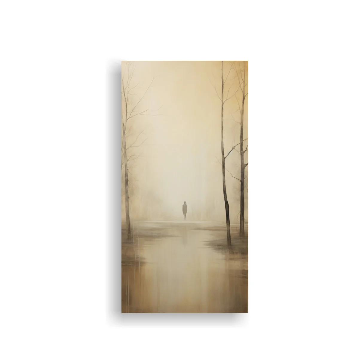 Cuadro figura solitaria entre árboles desnudos y niebla — imagen principal