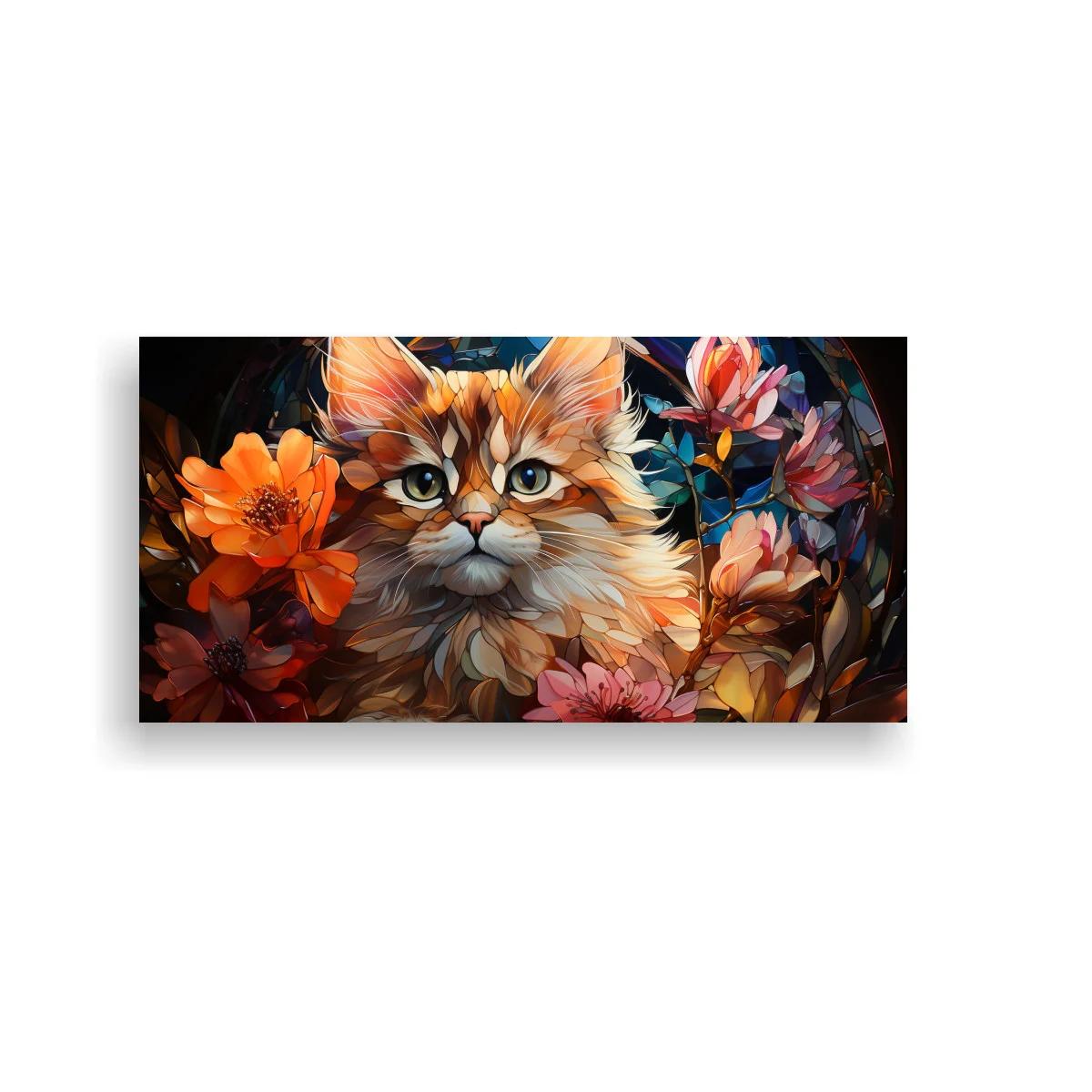 Cuadro gatito peludo atigrado entre flores rosadas