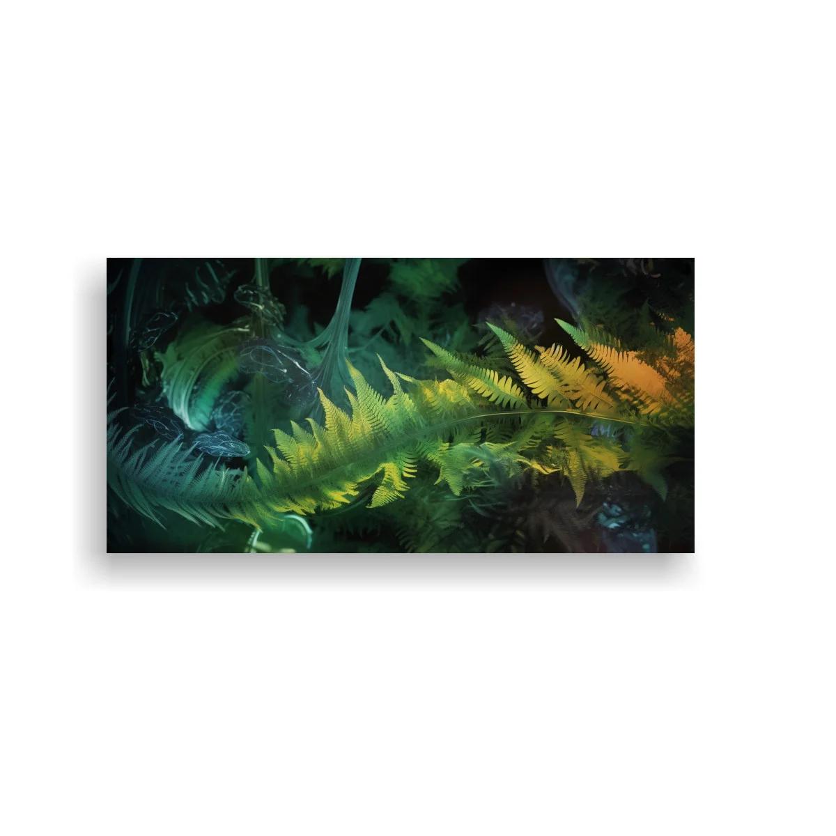 Cuadro helechos con franja luminosa en tonos verdes y dorados — imagen principal