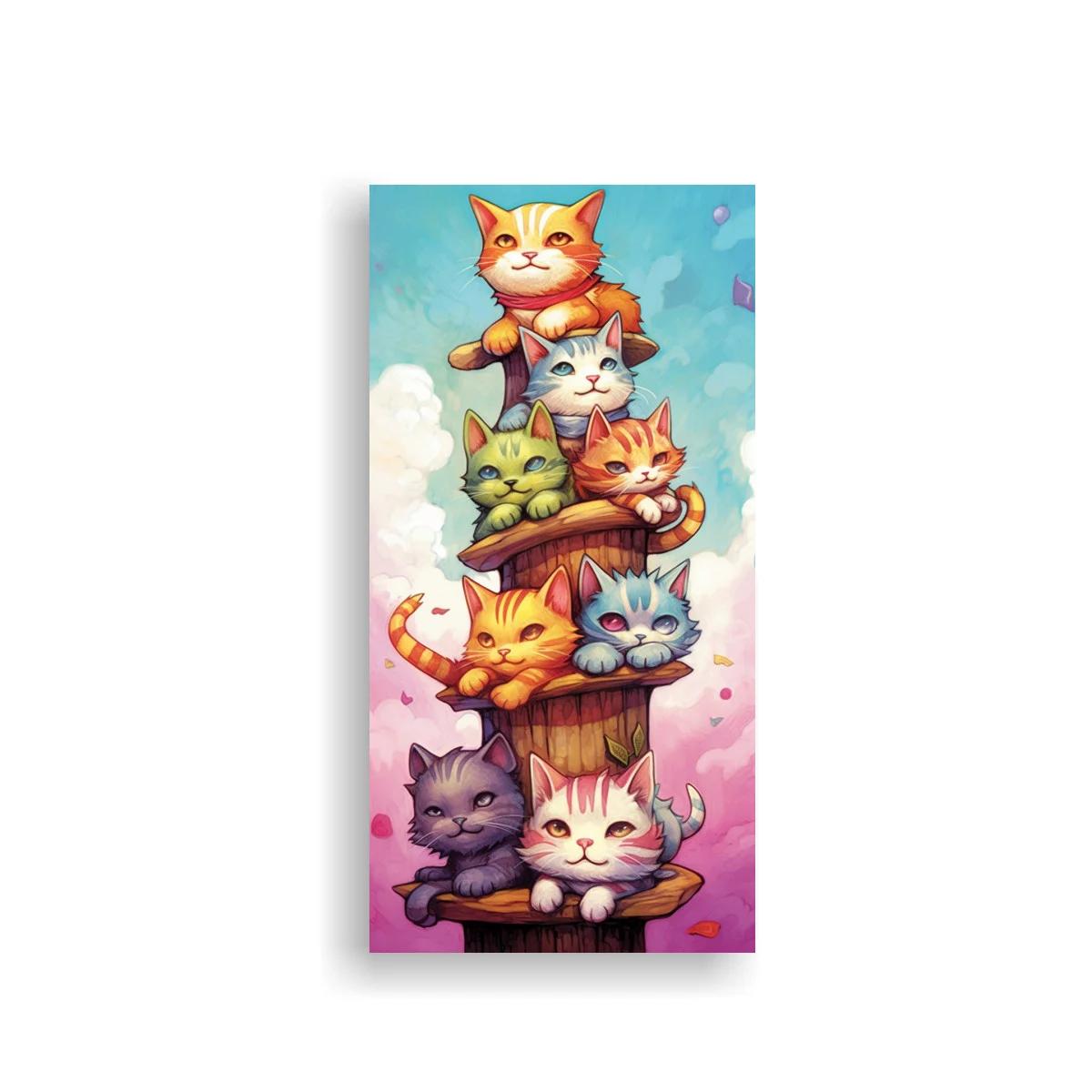 Cuadro torre de gatos en plataformas de madera