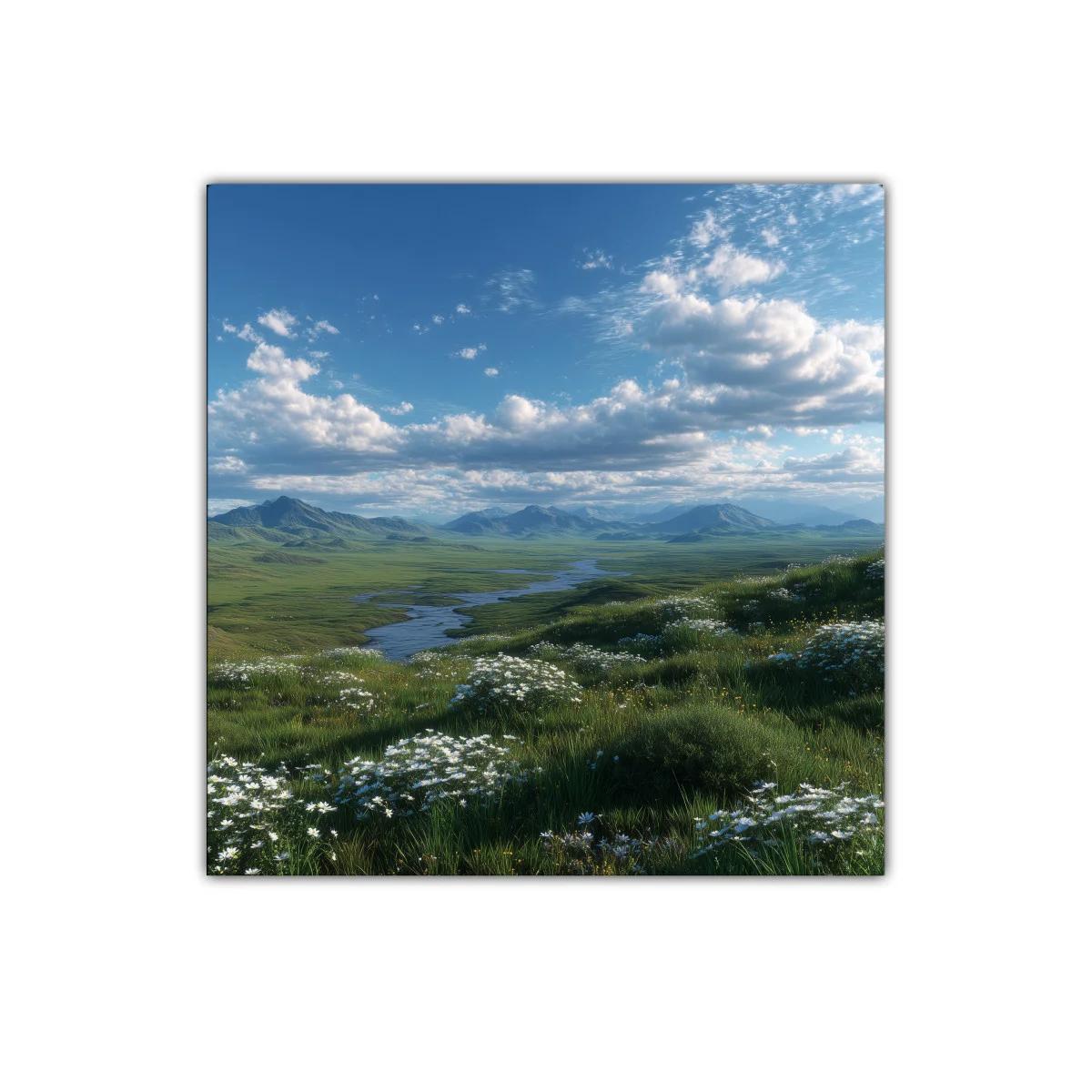 Paisaje campestre con flores blancas y cielo azul — imagen principal