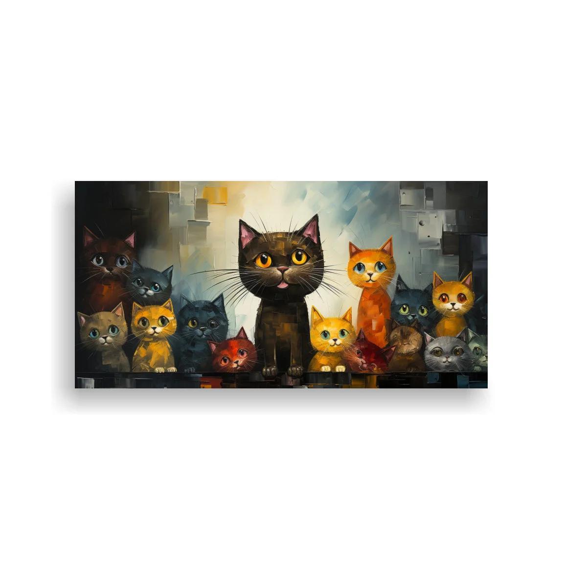 Cuadro grupo de gatos con fondo geométrico difuso