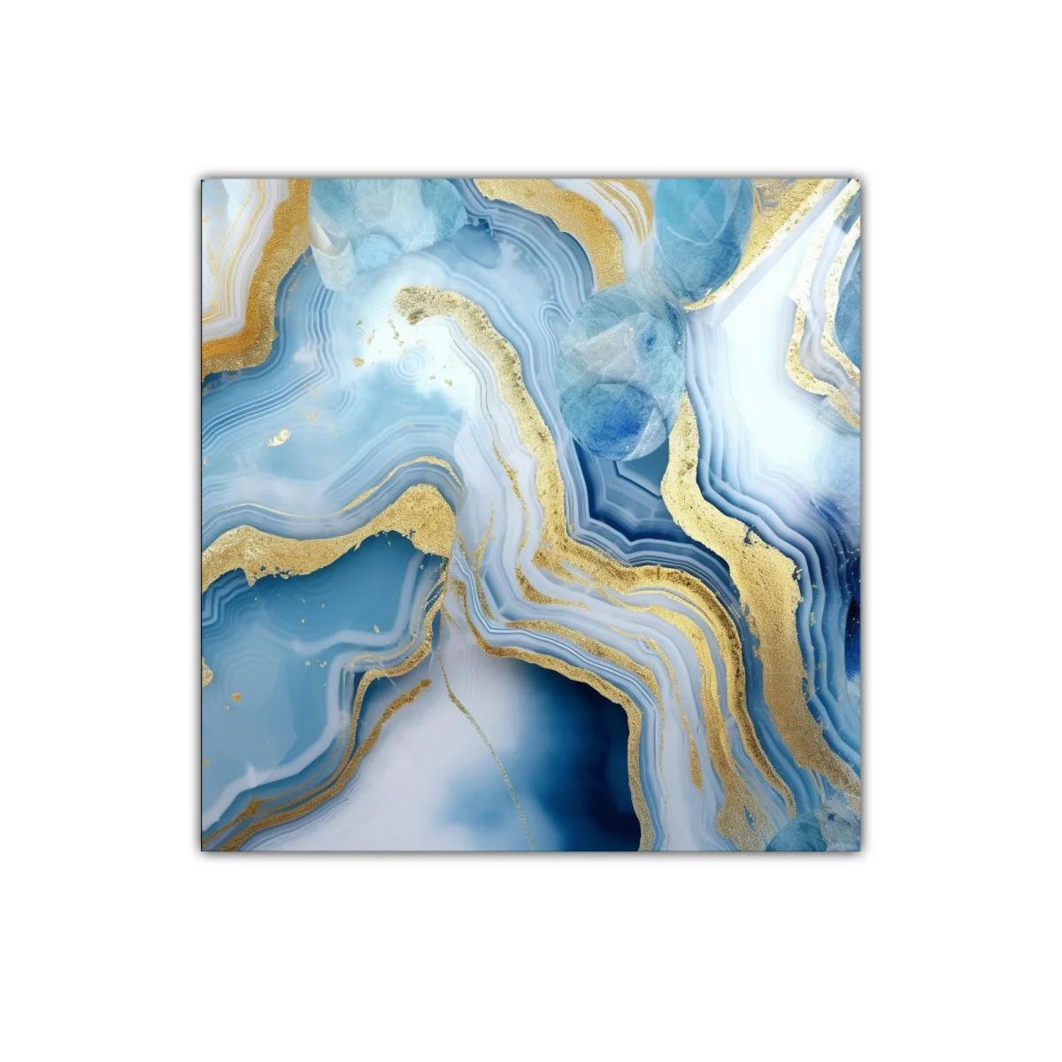 Cuadro abstracto con vetas azules y doradas vibrantes