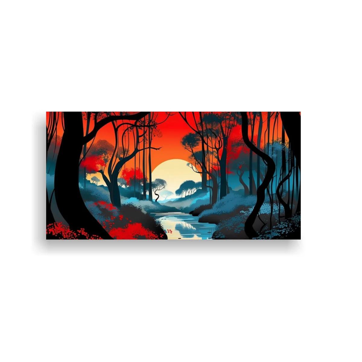 Cuadro bosque con río sinuoso y luz de fondo