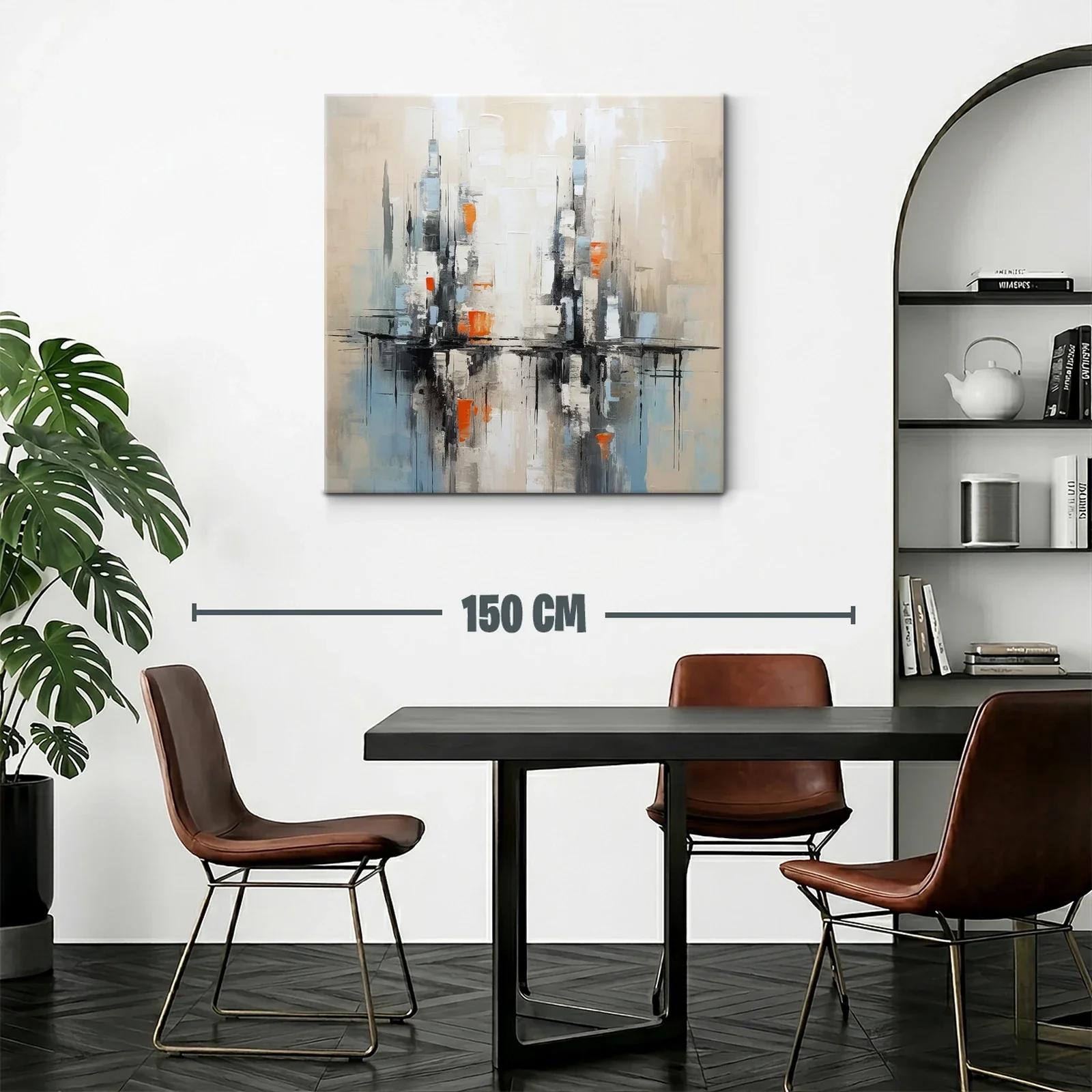 Cuadro abstracto con reflejos urbanos en tonos neutros y naranjas — miniatura 2