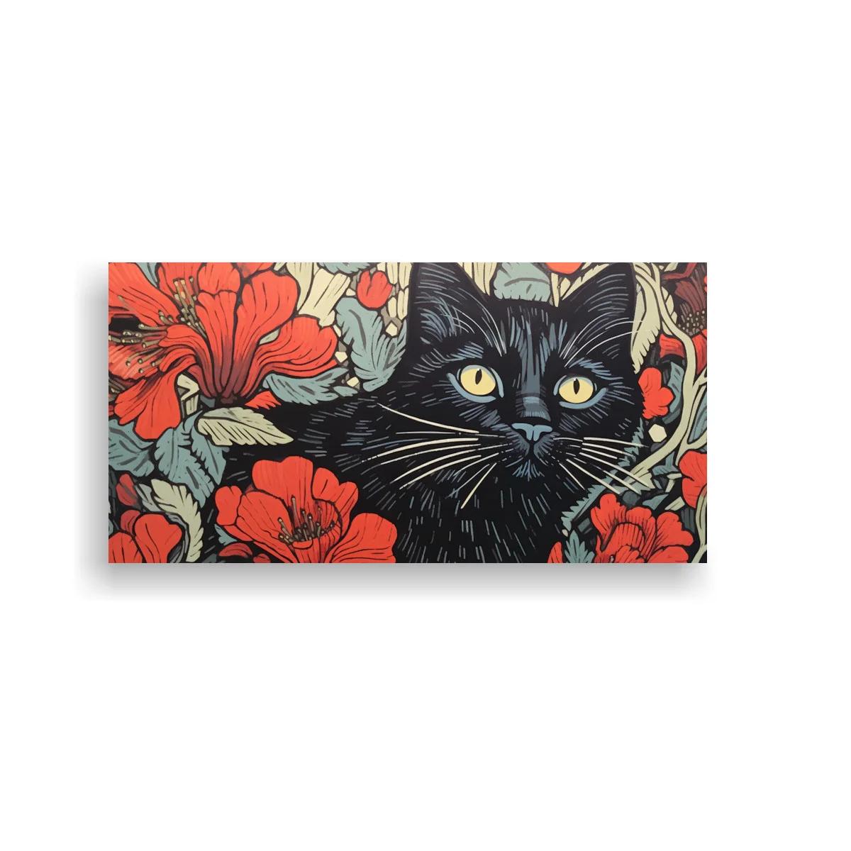 Cuadro gato negro entre flores rojas