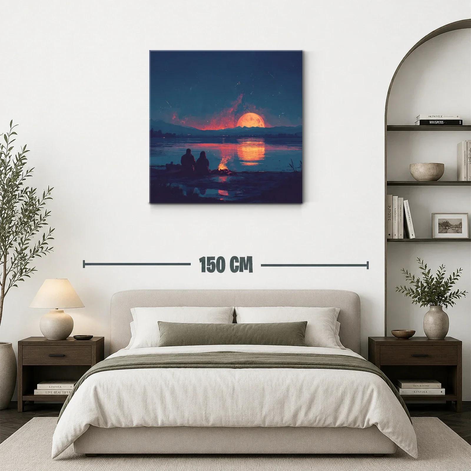 Atardecer romántico con luna llena sobre el lago tranquilo — miniatura 3