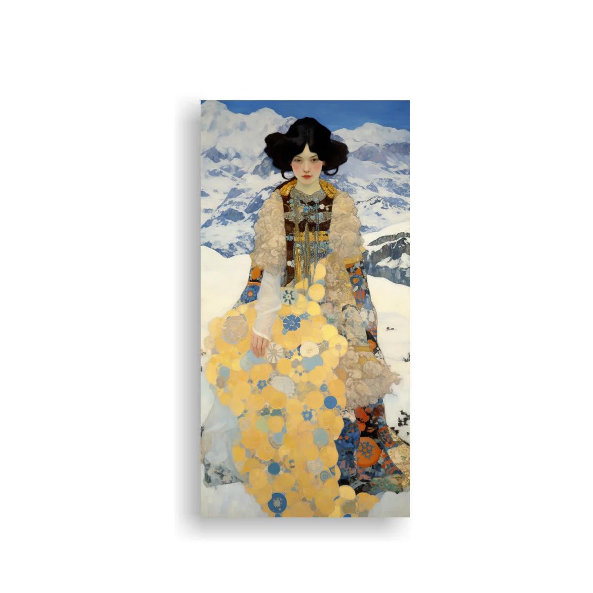 Cuadro mujer con vestido de flores amarillas y montañas nevadas