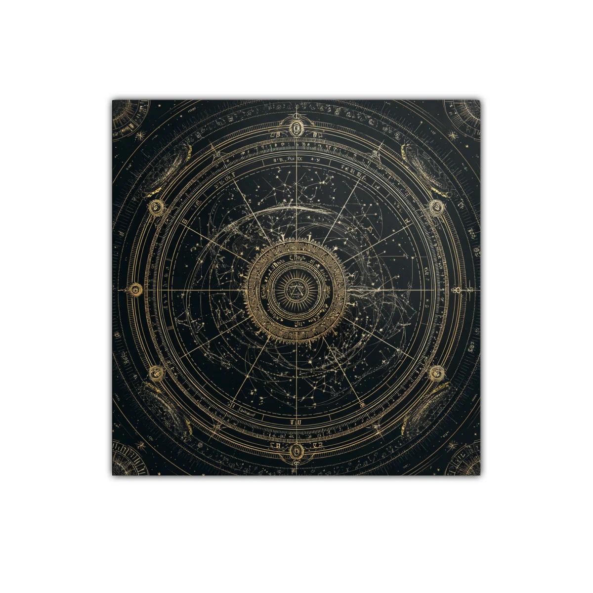 Diseño místico con constelaciones doradas sobre fondo oscuro