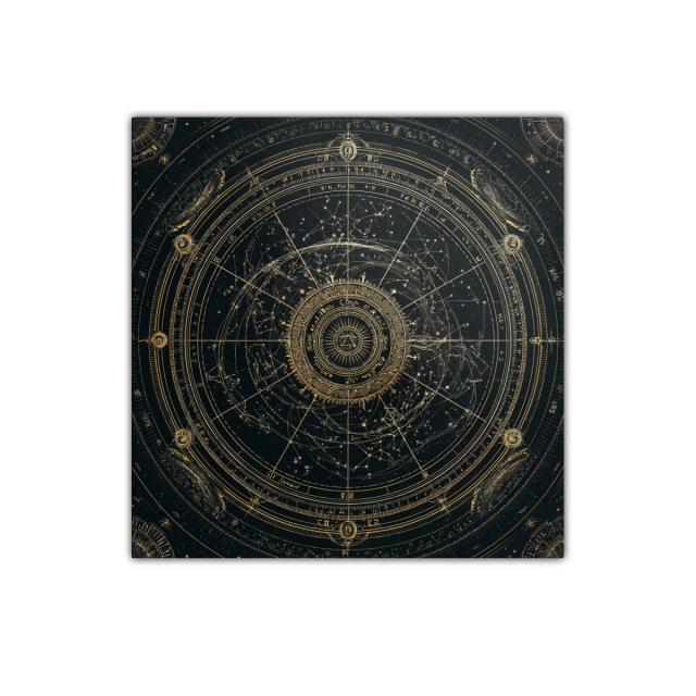 Diseño místico con constelaciones doradas sobre fondo oscuro
