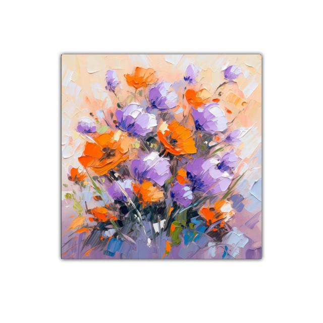 Cuadro decorativo vibrante con flores en tonos morados y naranjas