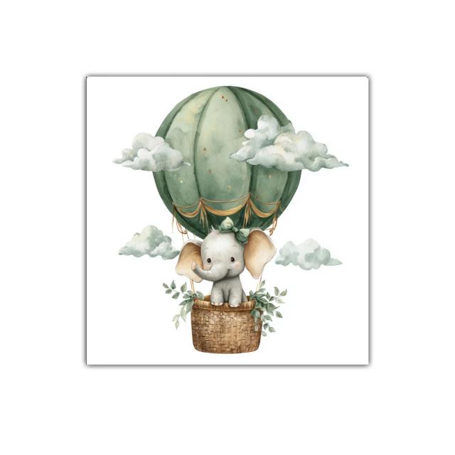 Elefante tierno volando en globo verde con nubes suaves