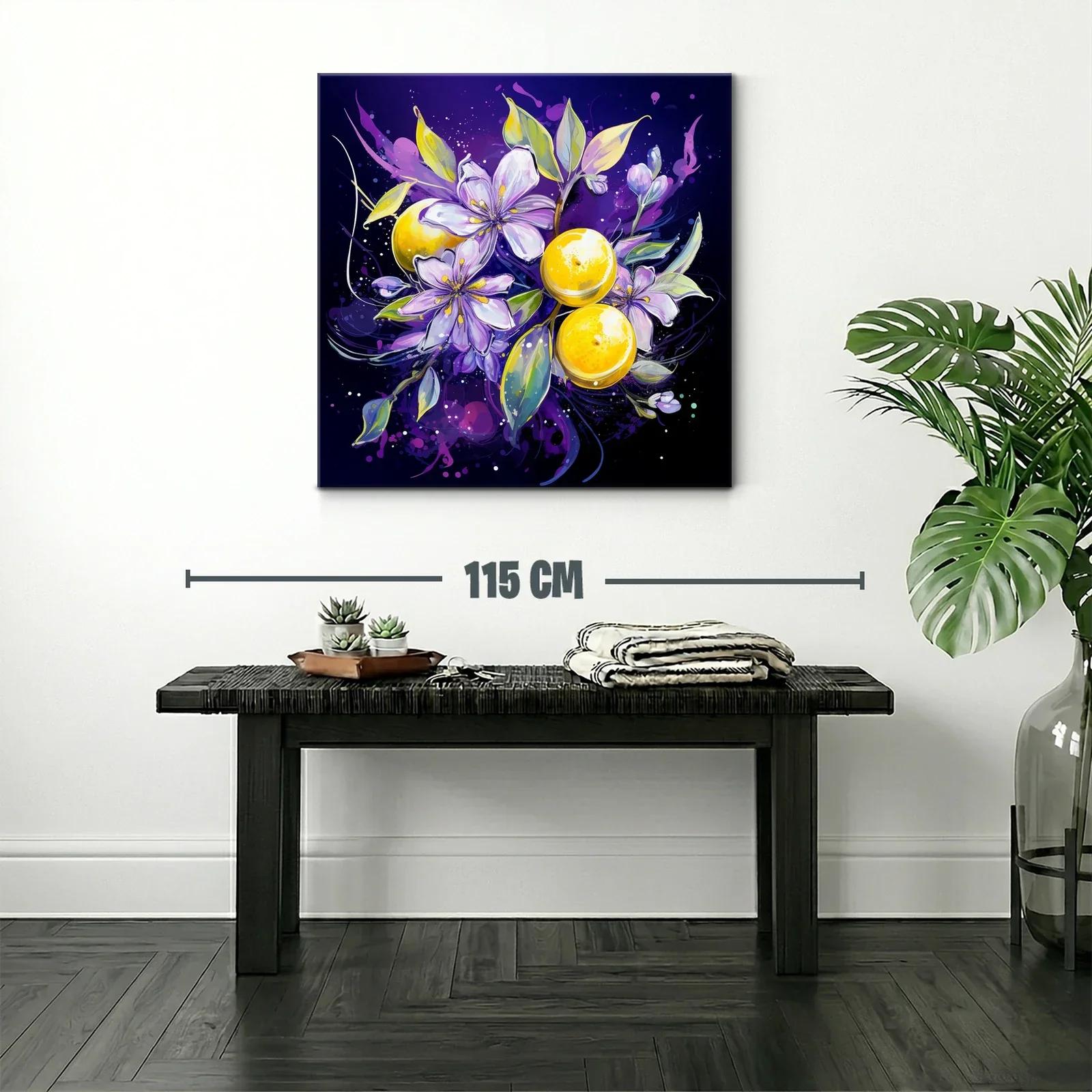 Composición vibrante con flores lilas y frutas amarillas — miniatura 2