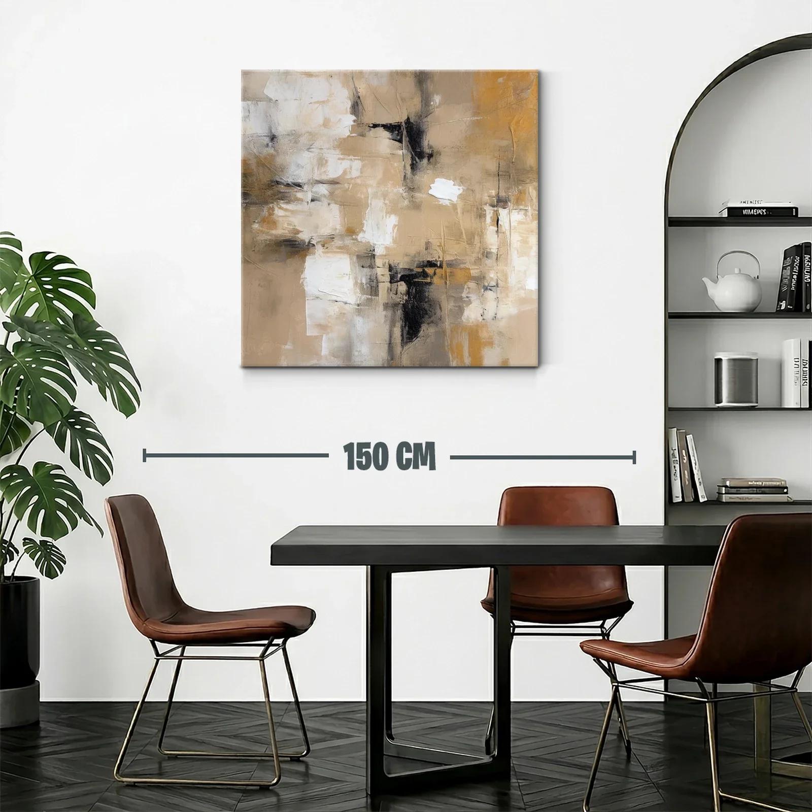 Cuadro abstracto en tonos beige y ocres con contraste negro — miniatura 2