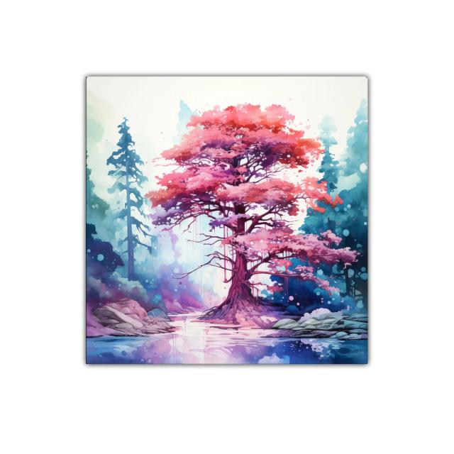 Árbol rosa mágico entre bosque azul y lago tranquilo