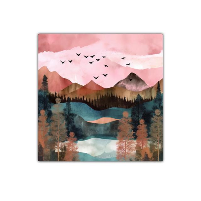 Paisaje de montaña con vuelo de aves y tonos cálidos
