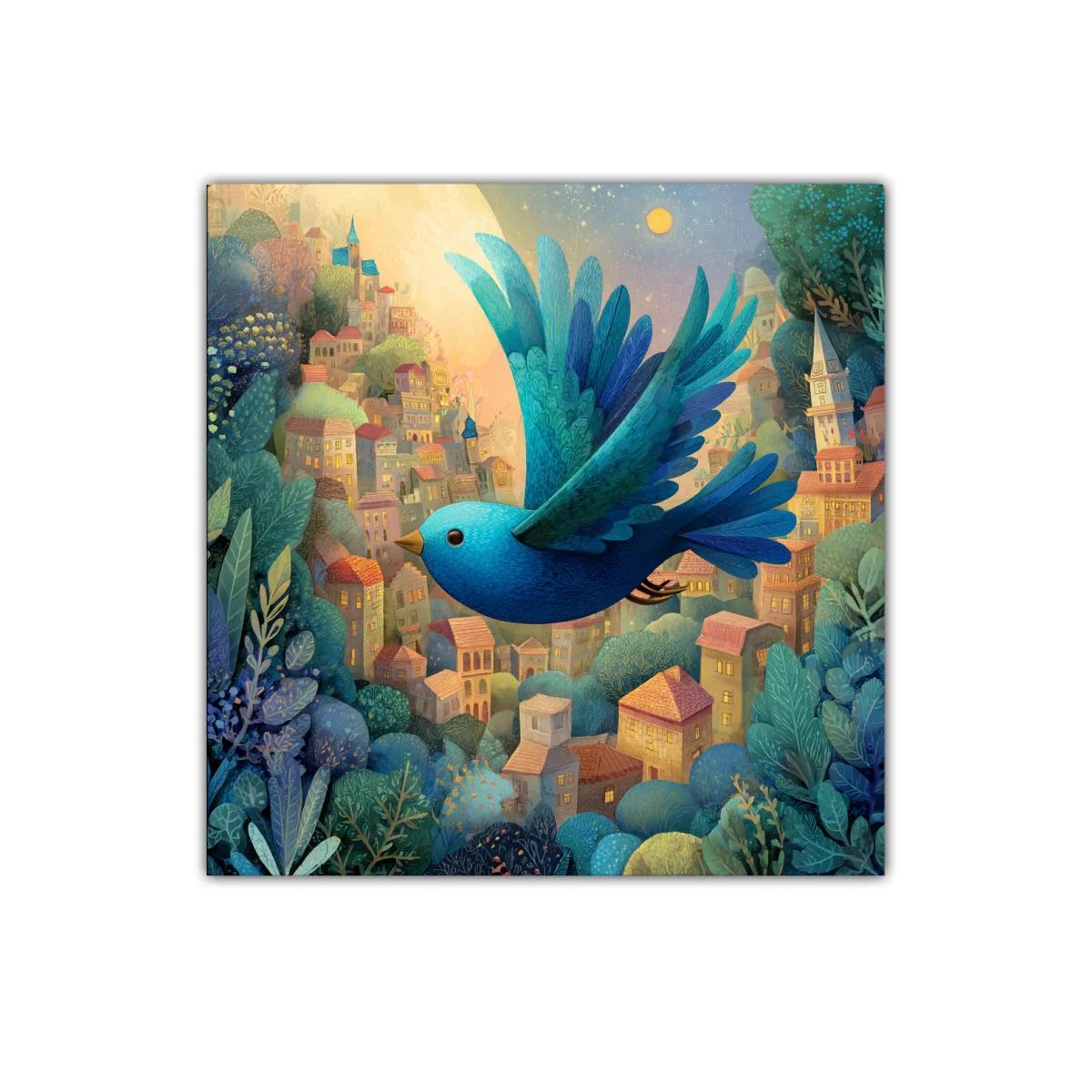 Cuadro decorativo de pájaro azul sobre ciudad al atardecer — imagen principal