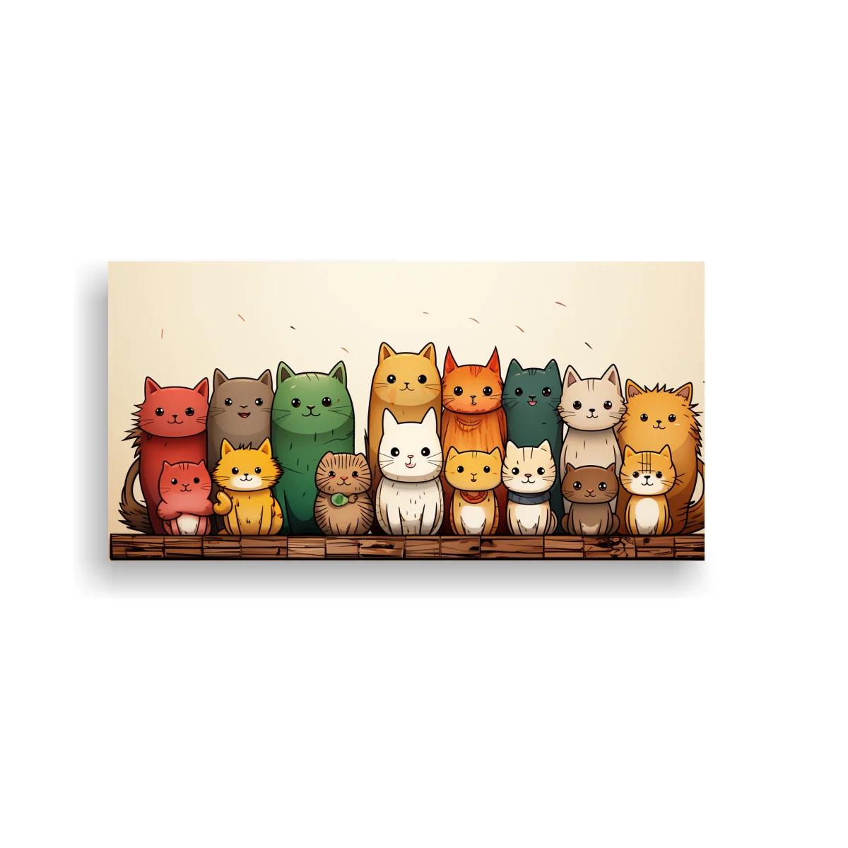 Cuadro fila compacta de gatos sobre madera