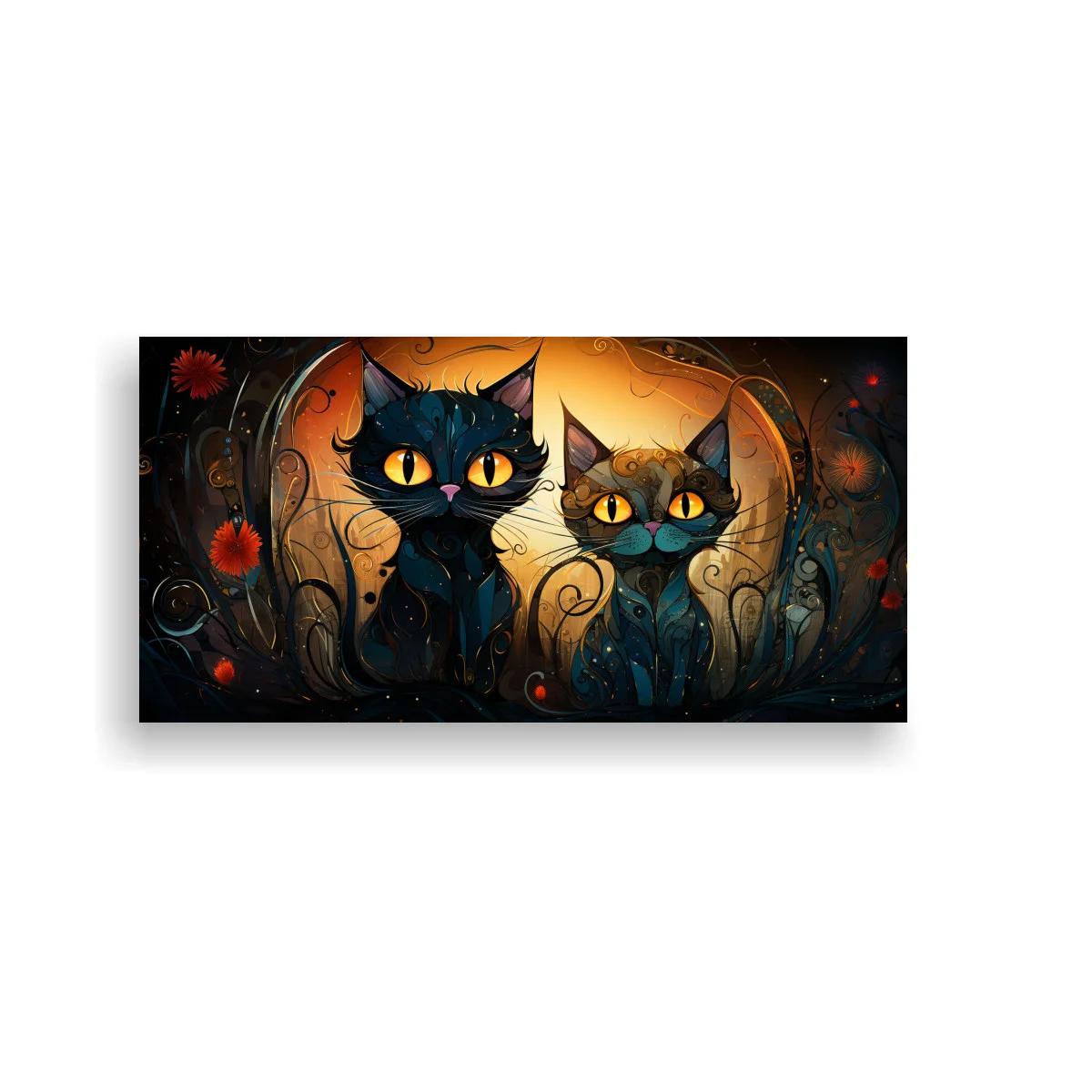 Cuadro dos gatos negros de ojos amarillos frente a una luna brillante