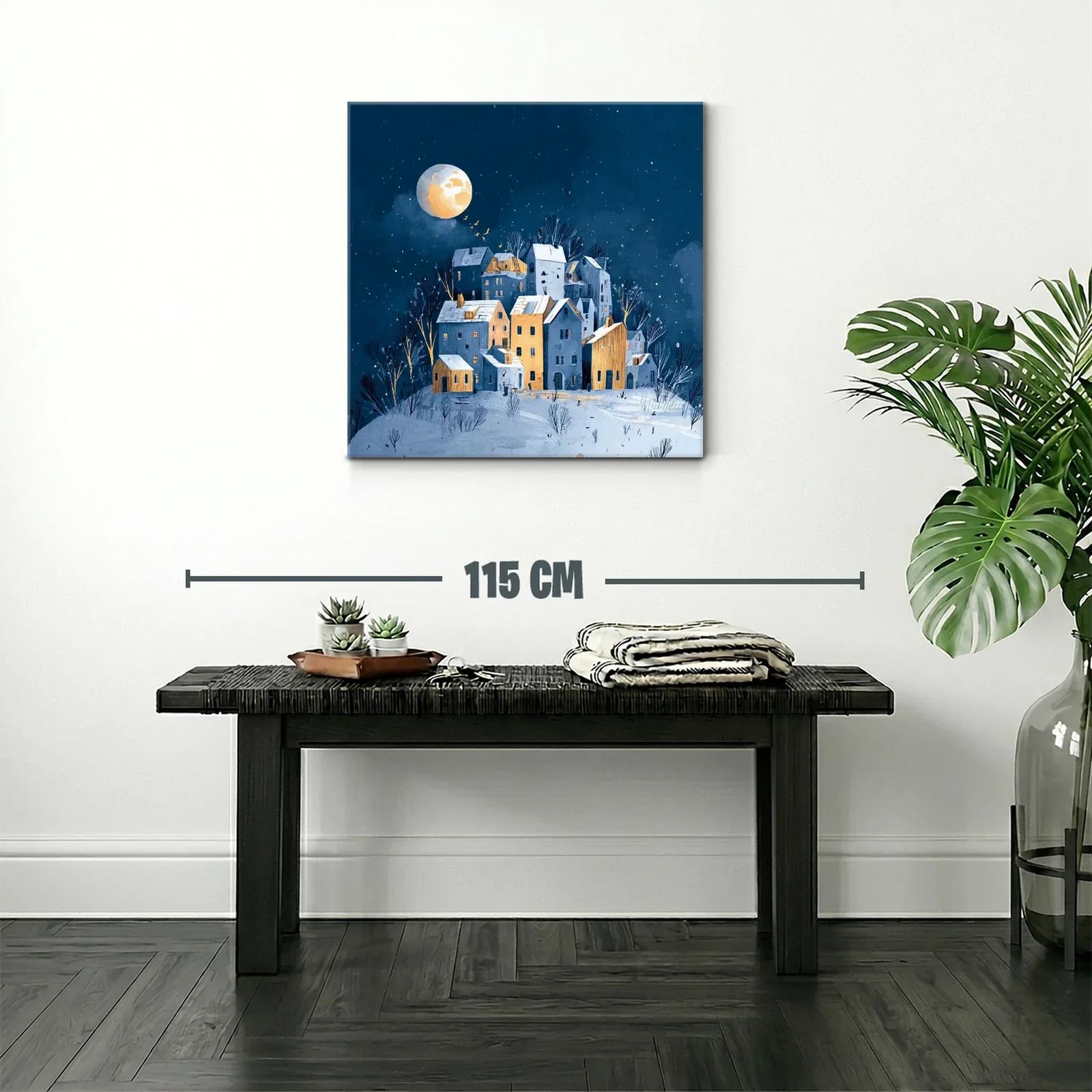 Paisaje nocturno con casas iluminadas y luna llena — miniatura 2